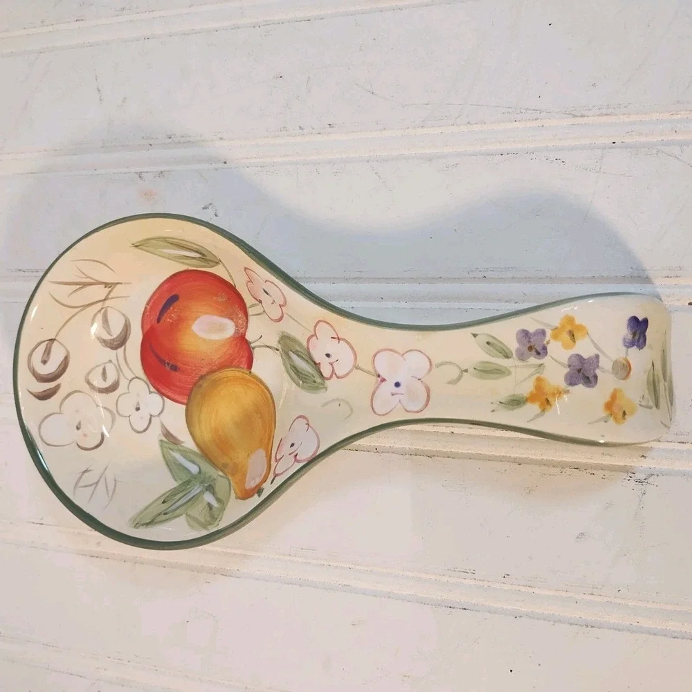 VTG Gibson Home Spoon Rest Fruit Grove Hand-Painted Apple Pear Flowers Ceramic